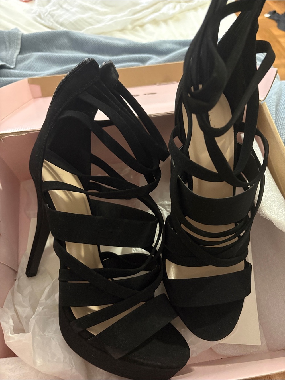 Qupid Black Strappy Lace-Up High Heel Sandals